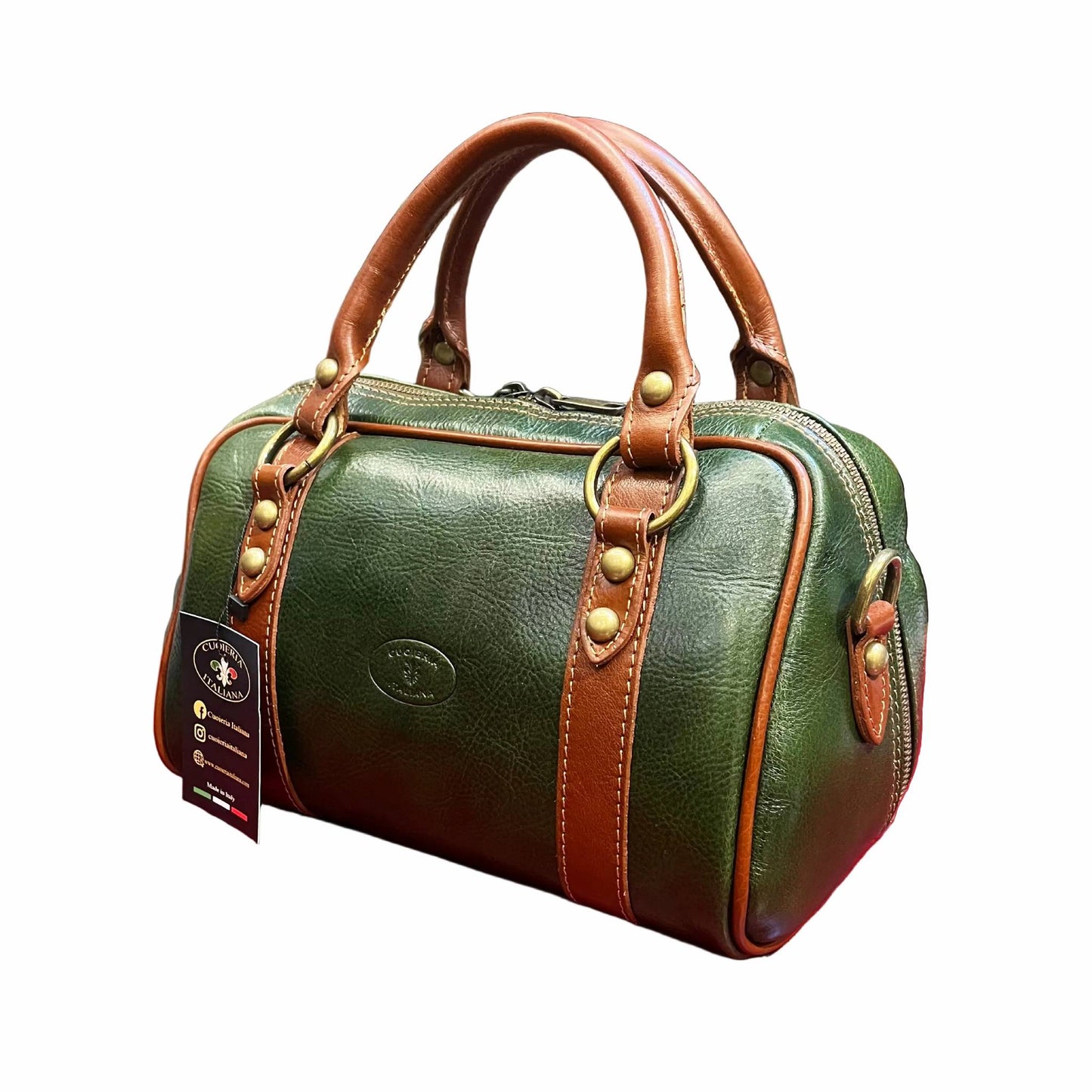 nettuno borsa a bauletto in pelle verde e marrone da donna borsa fatta a mano in cuoio made in italy cuoieria italiana