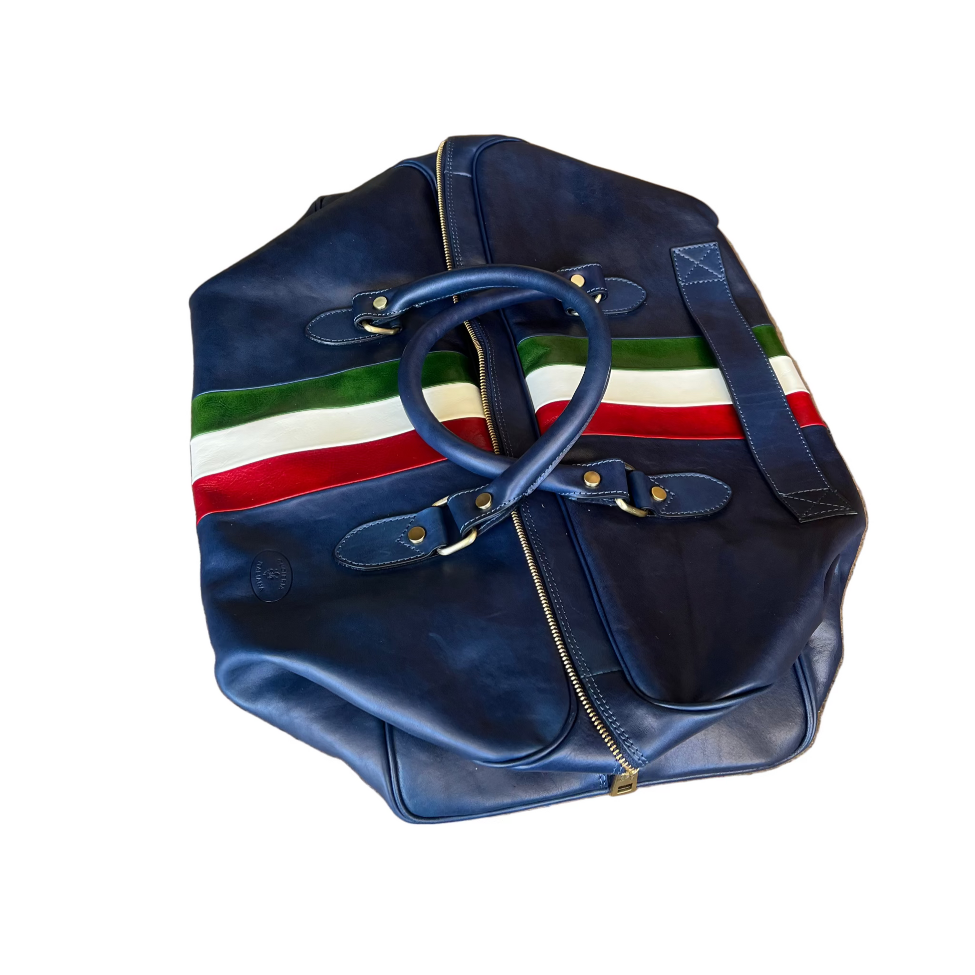 piegato chiuso salvaspazio borsone in pelle blu navy opaco con tricolore bagaglio a mano artigianale made in italy cuoieria italiana