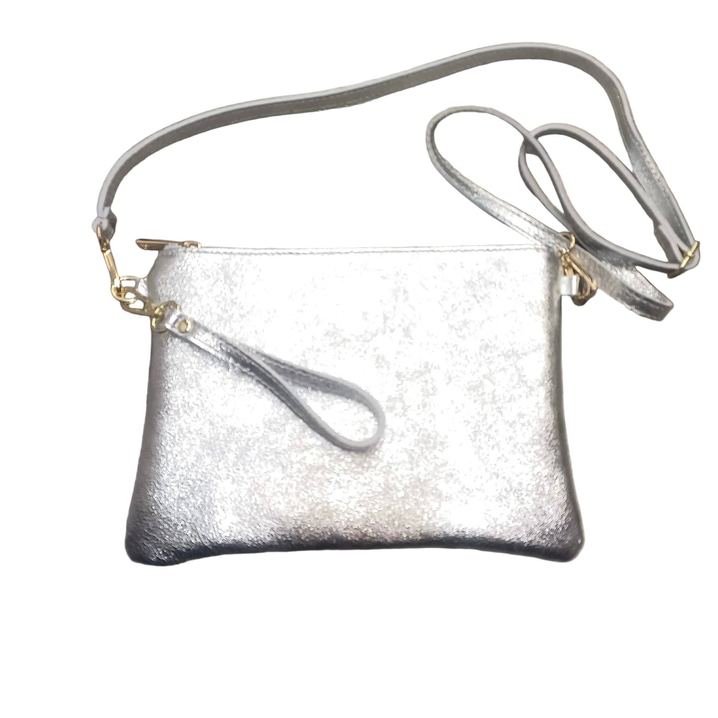 pochette grande in pelle argento da donna vitello martellato made in italy cuoieria italiana