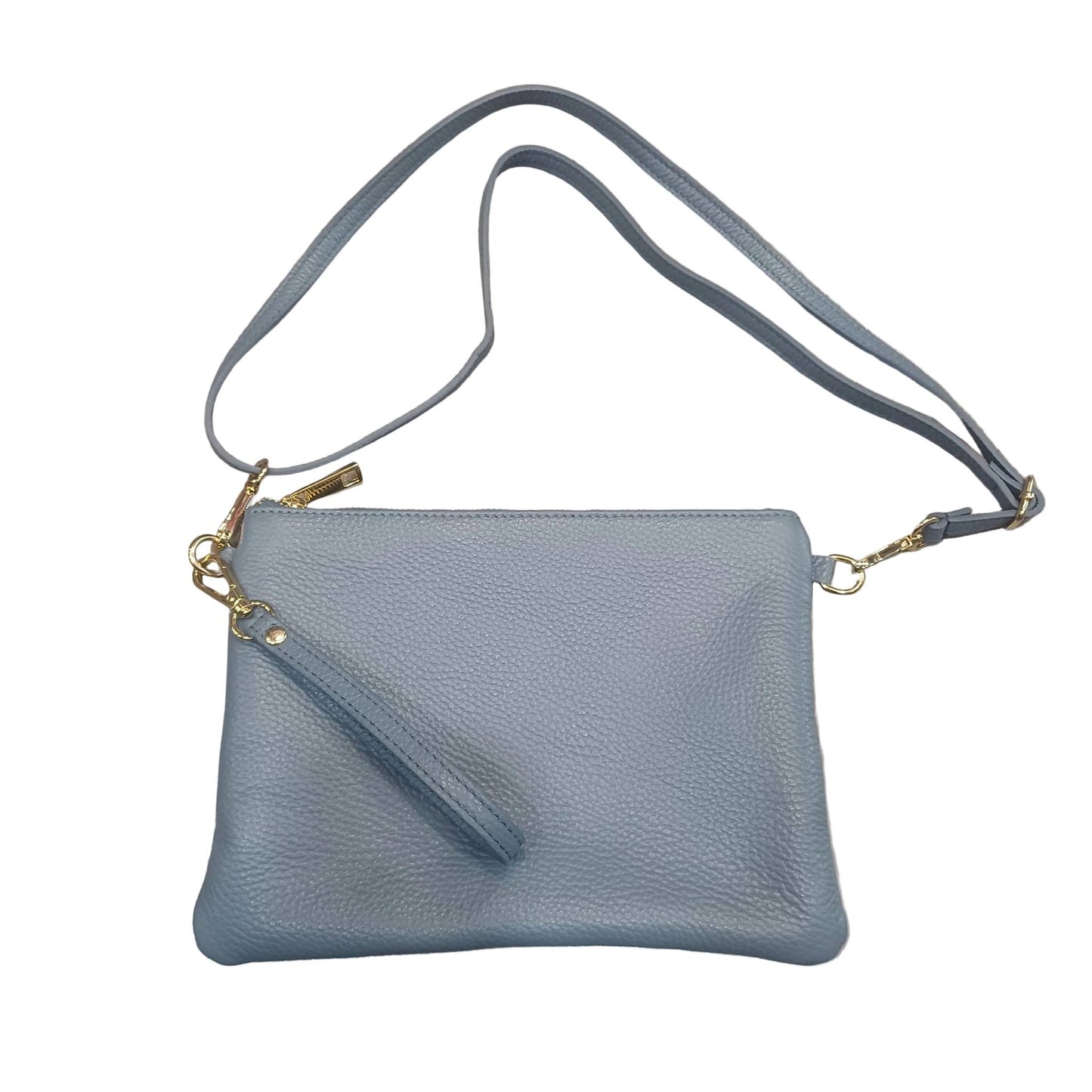 pochette grande in pelle azzurro blue jeans da donna vitello martellato made in italy cuoieria italiana