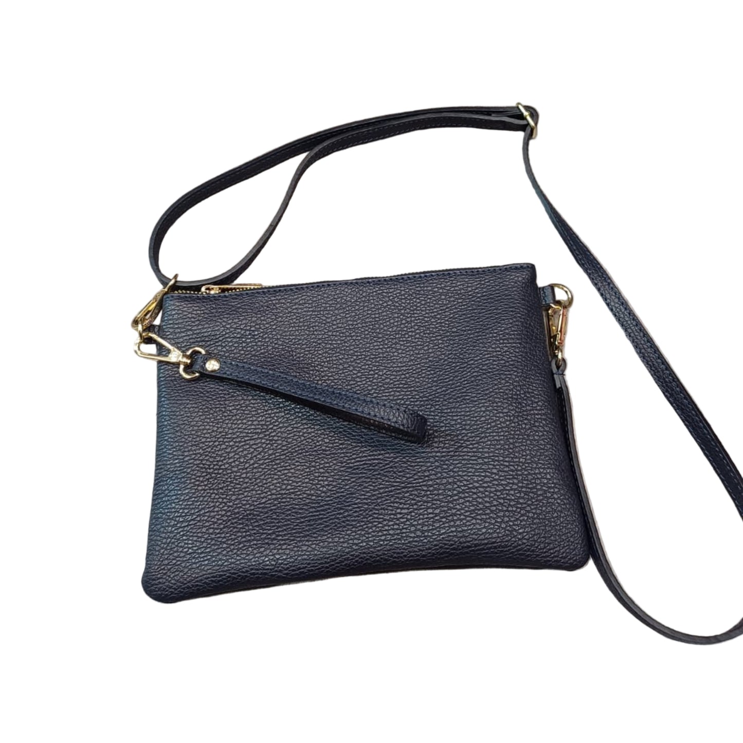 pochette grande in pelle blu navy da donna vitello martellato made in italy cuoieria italiana