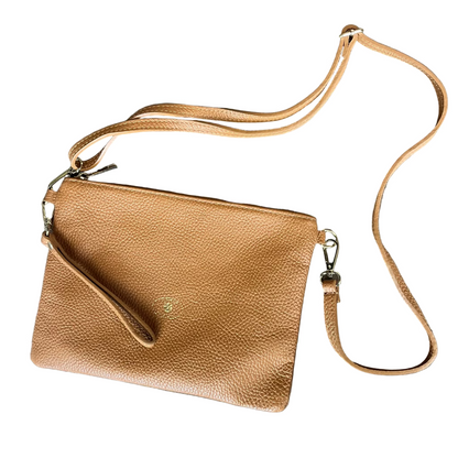 pochette grande in pelle cammello chiaro da donna vitello martellato made in italy cuoieria italiana
