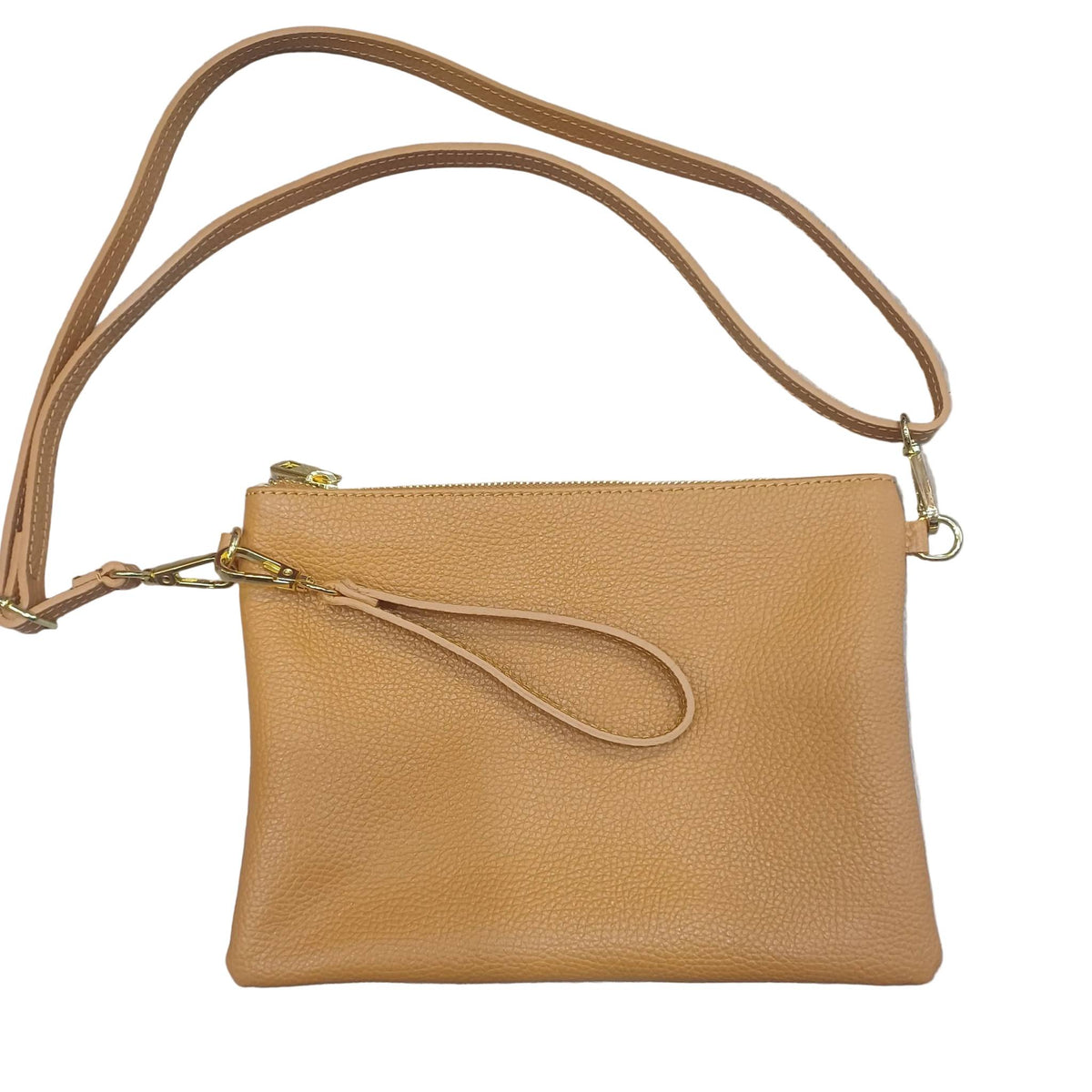 pochette grande in pelle cammello chiaro da donna vitello martellato made in italy cuoieria italiana