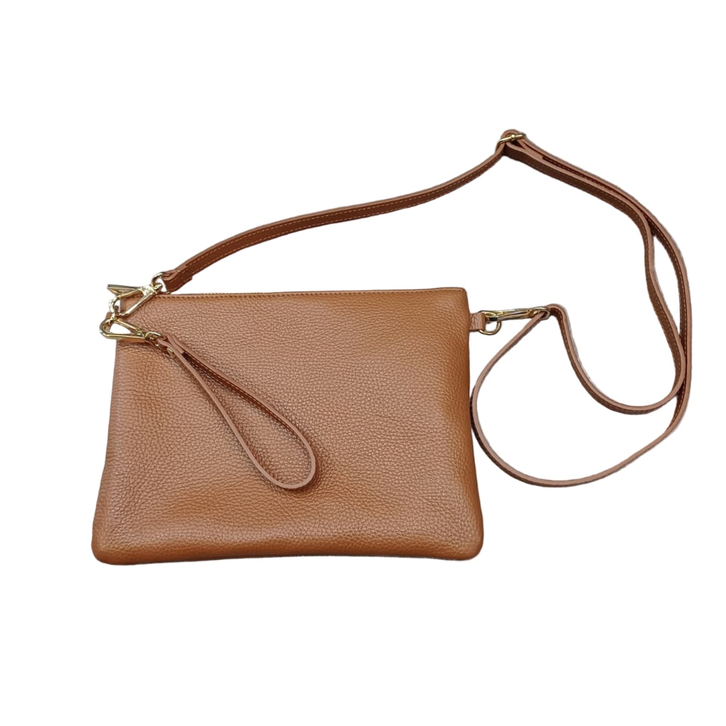 pochette grande in pelle cammello scuro da donna vitello martellato made in italy cuoieria italiana