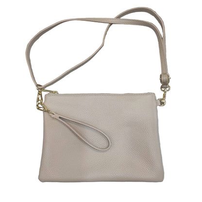 pochette grande in pelle taupe chiaro da donna vitello martellato made in italy cuoieria italiana