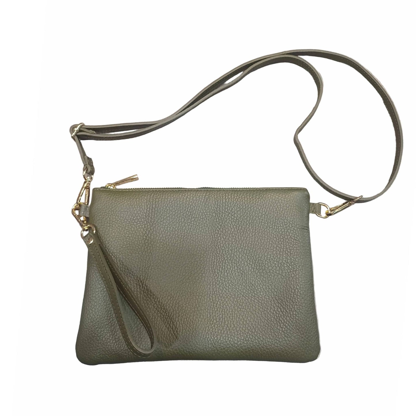 pochette grande in pelle verde militare da donna vitello martellato made in italy cuoieria italiana