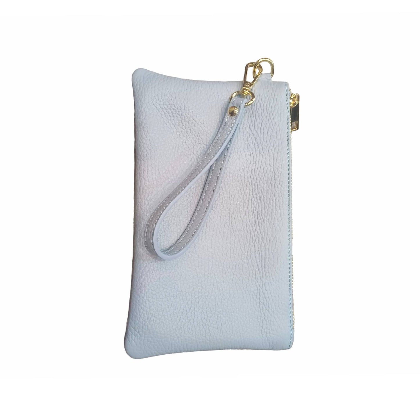 pochette piccola in pelle azzurra chiara unisex in vitello martellato made in italy cuoieria italiana
