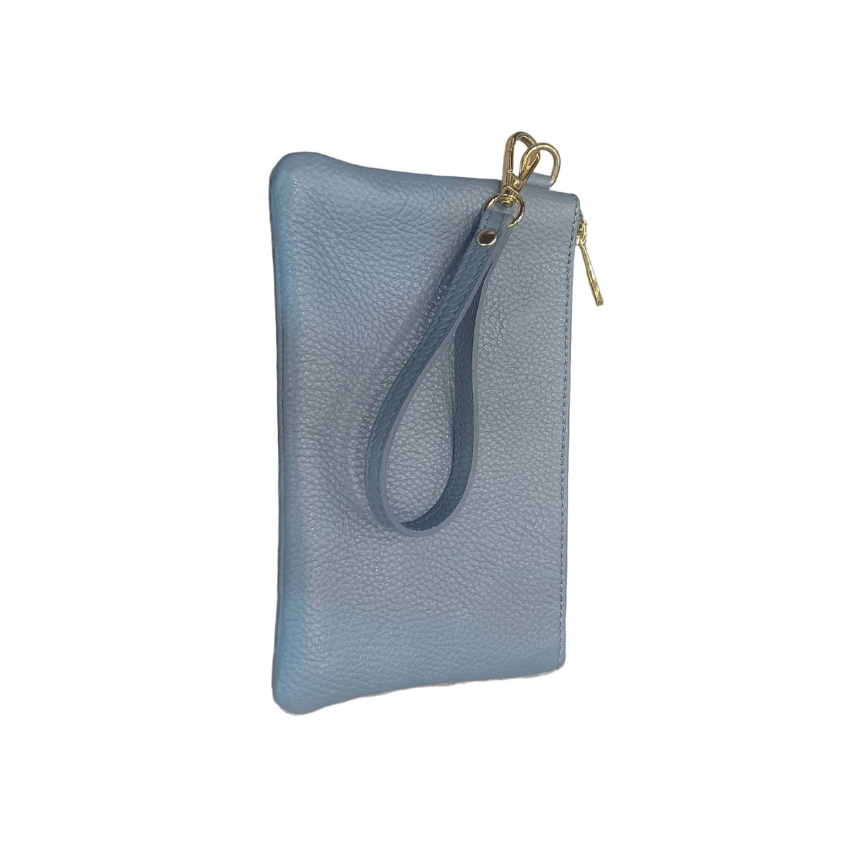 pochette piccola in pelle azzurro blue jeans unisex in vitello martellato made in taly cuoieria italiana