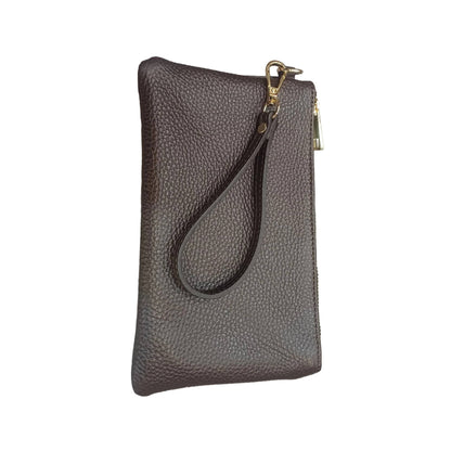 pochette piccola in pelle marrone testa di moro unisex in vitello martellato fatta a mano in cuoio made in italy cuoieria italiana