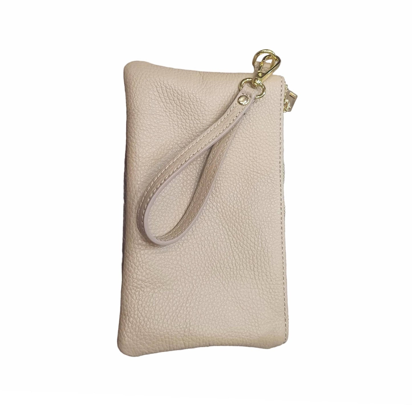 pochette piccola in pelle taupe chiaro unisex in vitello martellato made in italy cuoieria italiana