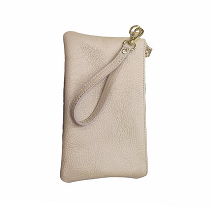 pochette piccola in pelle taupe chiaro unisex in vitello martellato made in italy cuoieria italiana