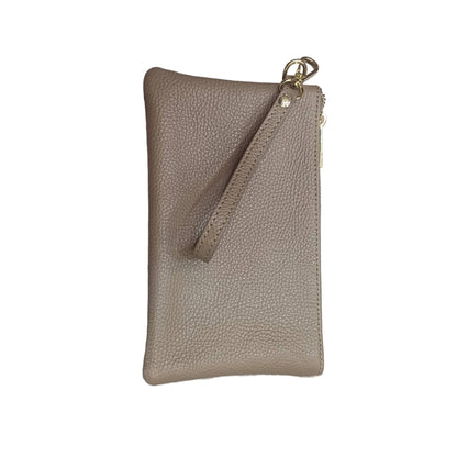 pochette piccola in pelle taupe scuro unisex in vitello martellato made in taly cuoieria italiana