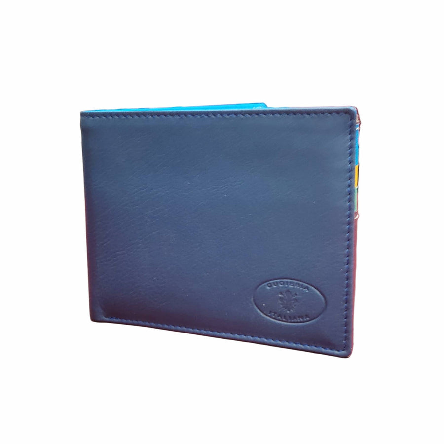 portafoglio da uomo in pelle blu artigianale interno multicolor made in italy cuoieria italiana