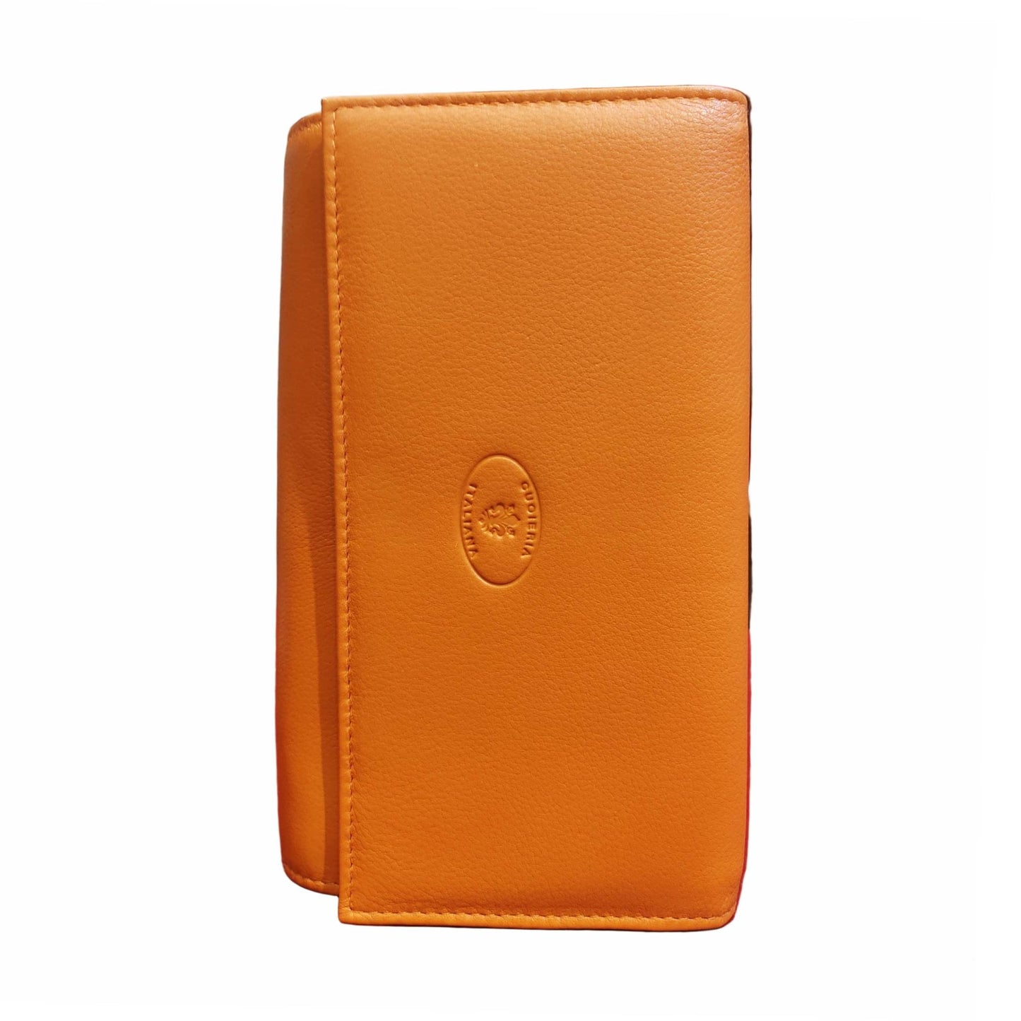 portafoglio grande in pelle arancione artigianale uomo e donna made in italy cuoieria italiana
