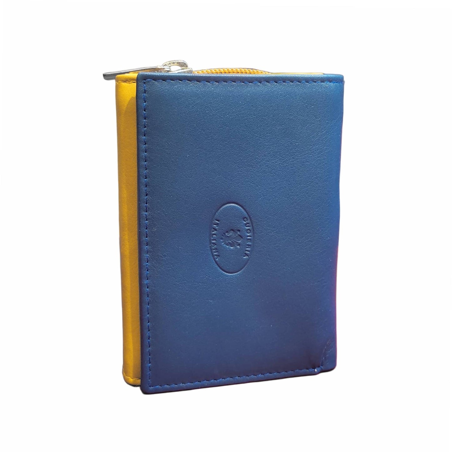 portafoglio medio da donna in pelle blu e giallo artigianale made in italy cuoieria italiana