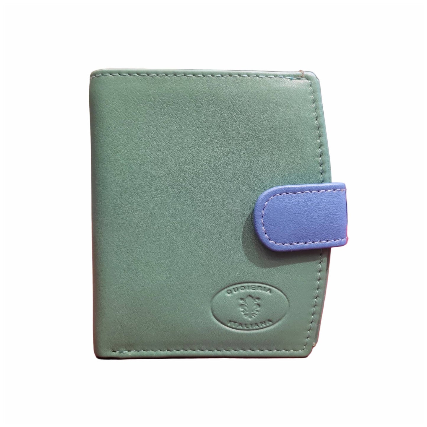 portafoglio piccolo in pelle verde acqua artigianale made in italy cuoieria italiana