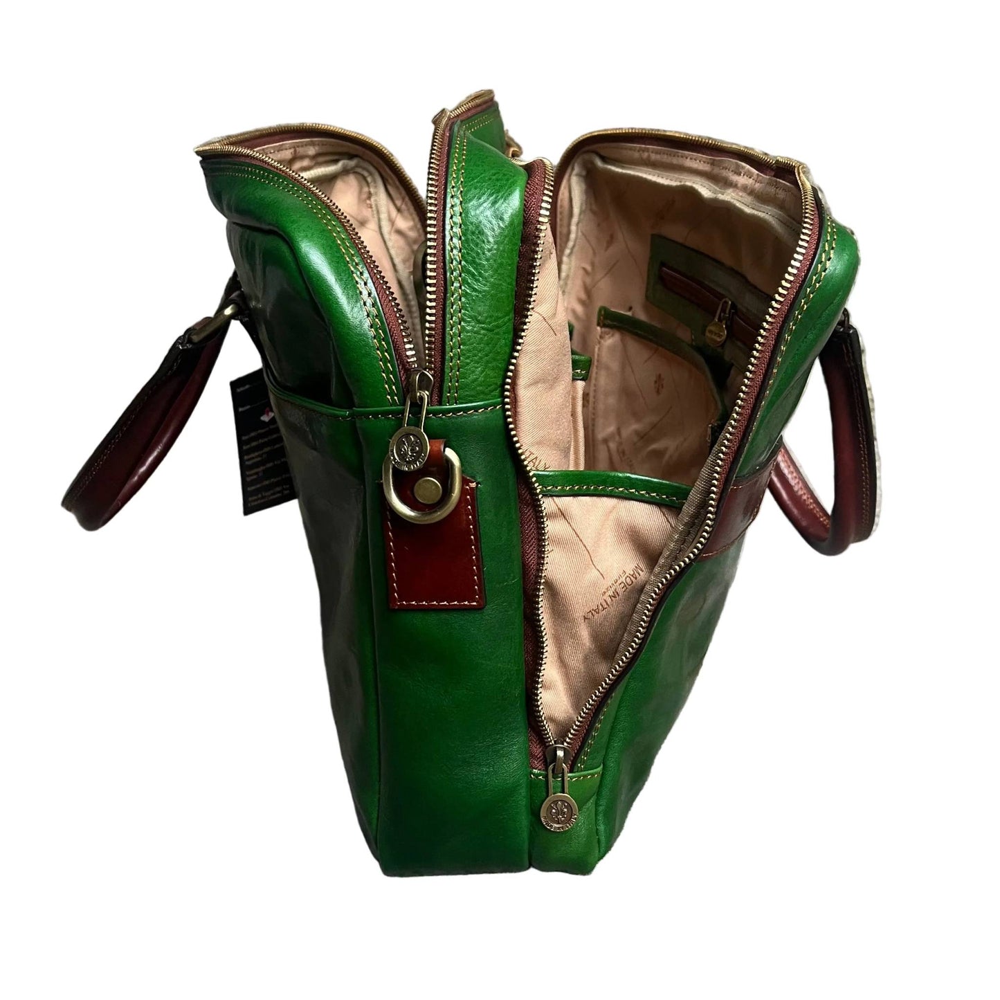 profilo aperto fenix cartella in pelle verde e marrone borsa porta computer a doppio scomparto made in Italy cuoieria italiana
