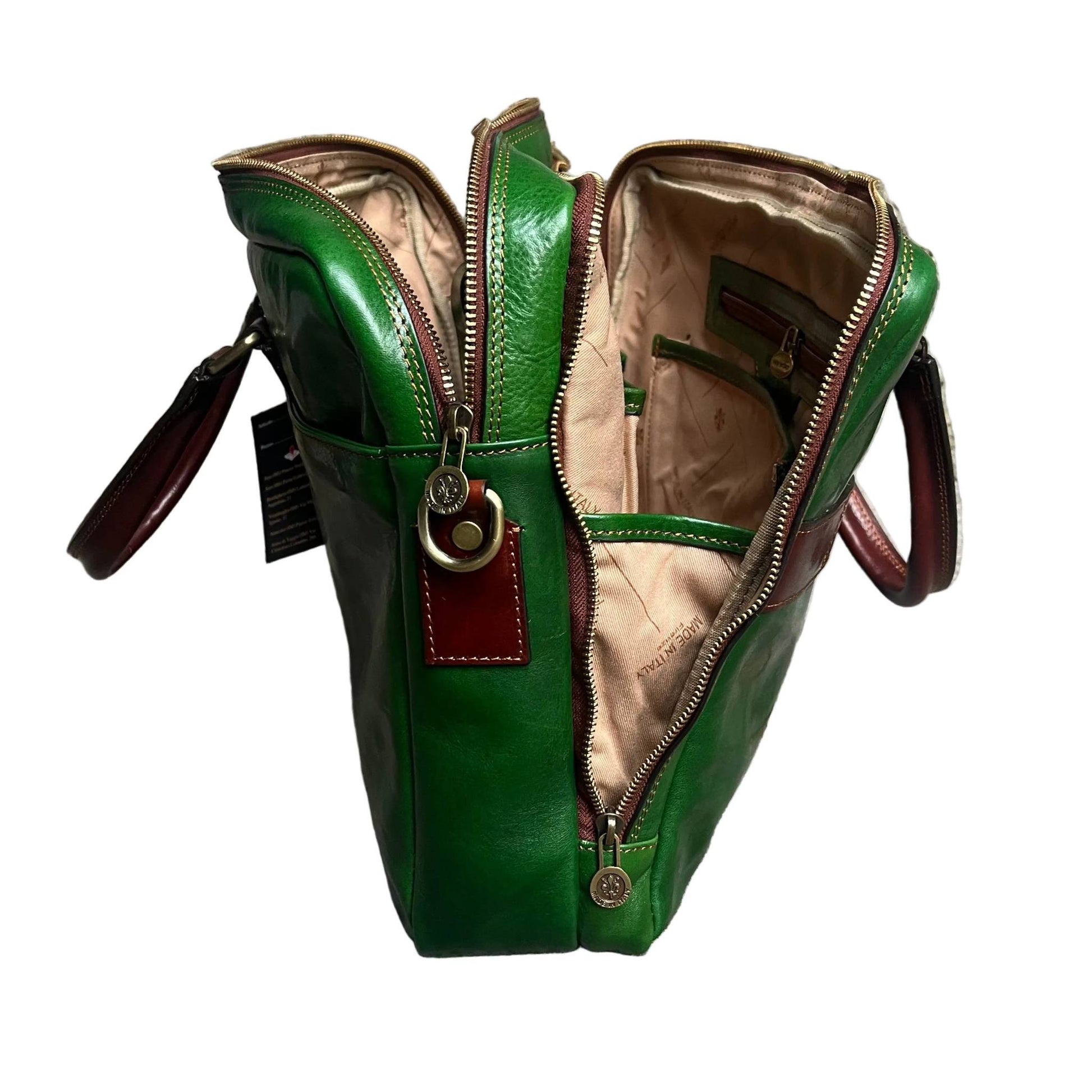 profilo aperto fenix cartella in pelle verde e marrone borsa porta computer a doppio scomparto made in Italy cuoieria italiana