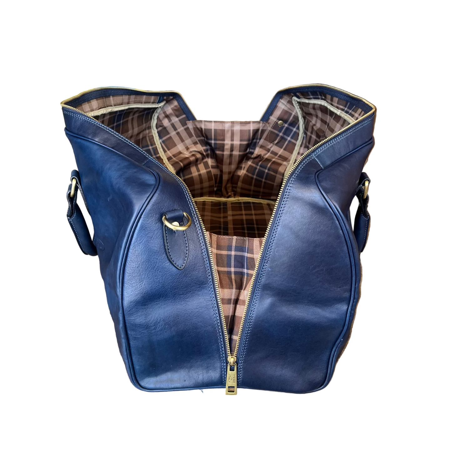 profilo lato aperto larghezza borsone in pelle blu navy opaco con tricolore bagaglio a mano artigianale made in italy cuoieria italiana