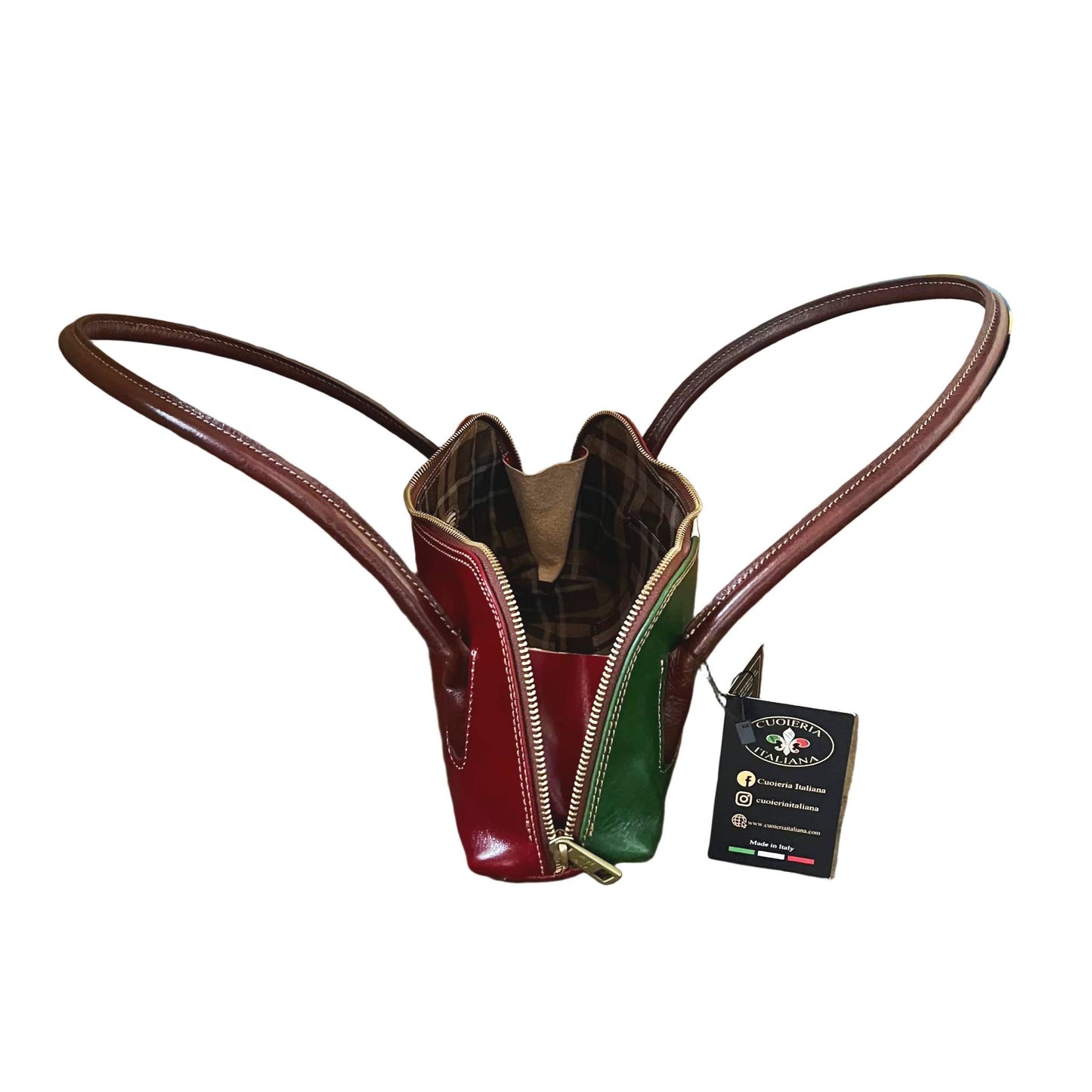 profilo lato aperto serena borsa elegante a spalla e mano in pelle tricolore italiano borsetta in cuoio da donna artigianale made in italy cuoieria italiana