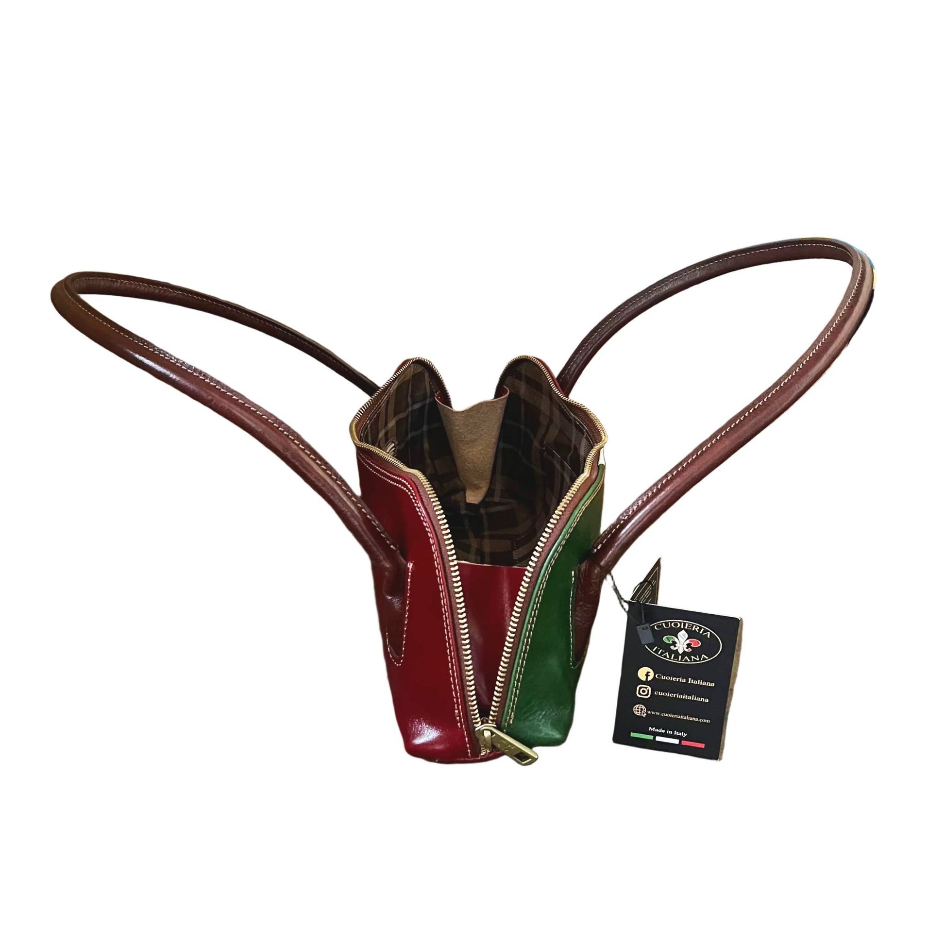 profilo lato aperto serena borsa elegante a spalla e mano in pelle tricolore italiano borsetta in cuoio da donna artigianale made in italy cuoieria italiana