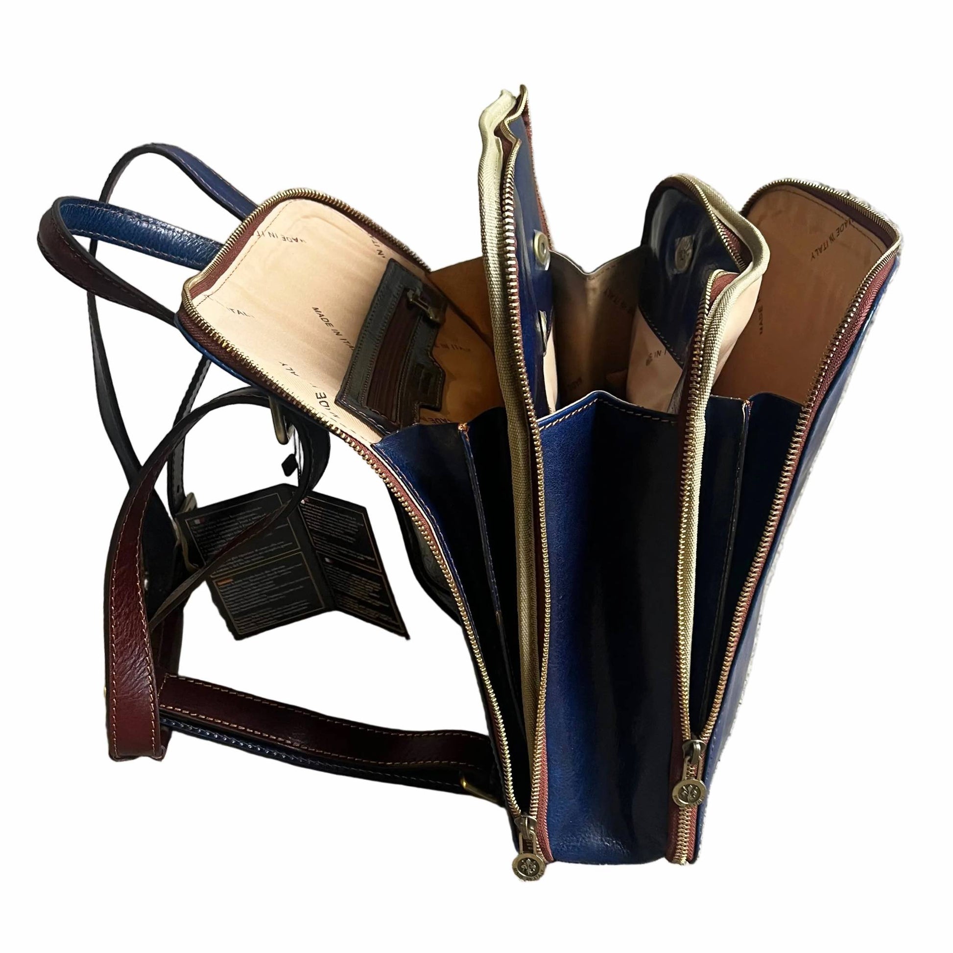 profilo lato aperto zaino a triplo scomparto in pelle blue navy e marrone zaino uomo donna made in italy cuoieria italiana