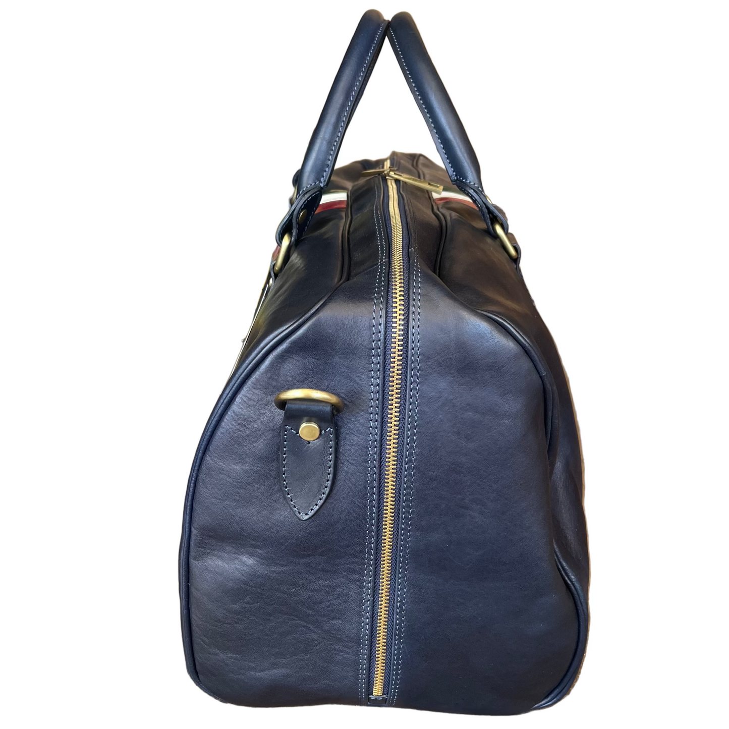 profilo lato chiuso larghezza borsone in pelle blu navy opaco con tricolore bagaglio a mano artigianale made in italy cuoieria italiana