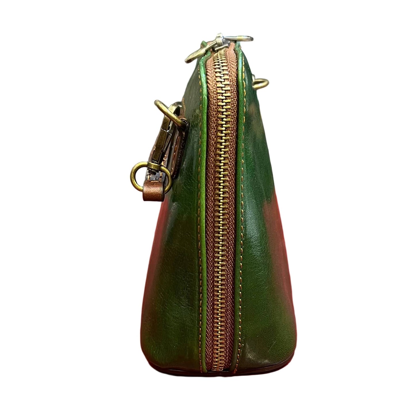 profilo lato larghezza ambrosia borsa a tracolla in pelle verde e marrone da donna fatta a mano in cuoio made in italy cuoieria italiana