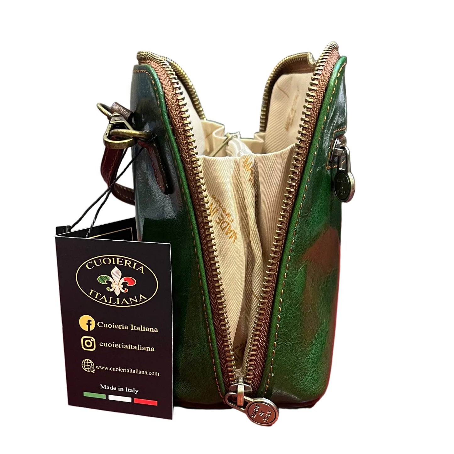 profilo lato larghezza aperto ampiezza apertura ambrosia borsa a tracolla in pelle verde e marrone da donna fatta a mano in cuoio made in italy cuoieria italiana