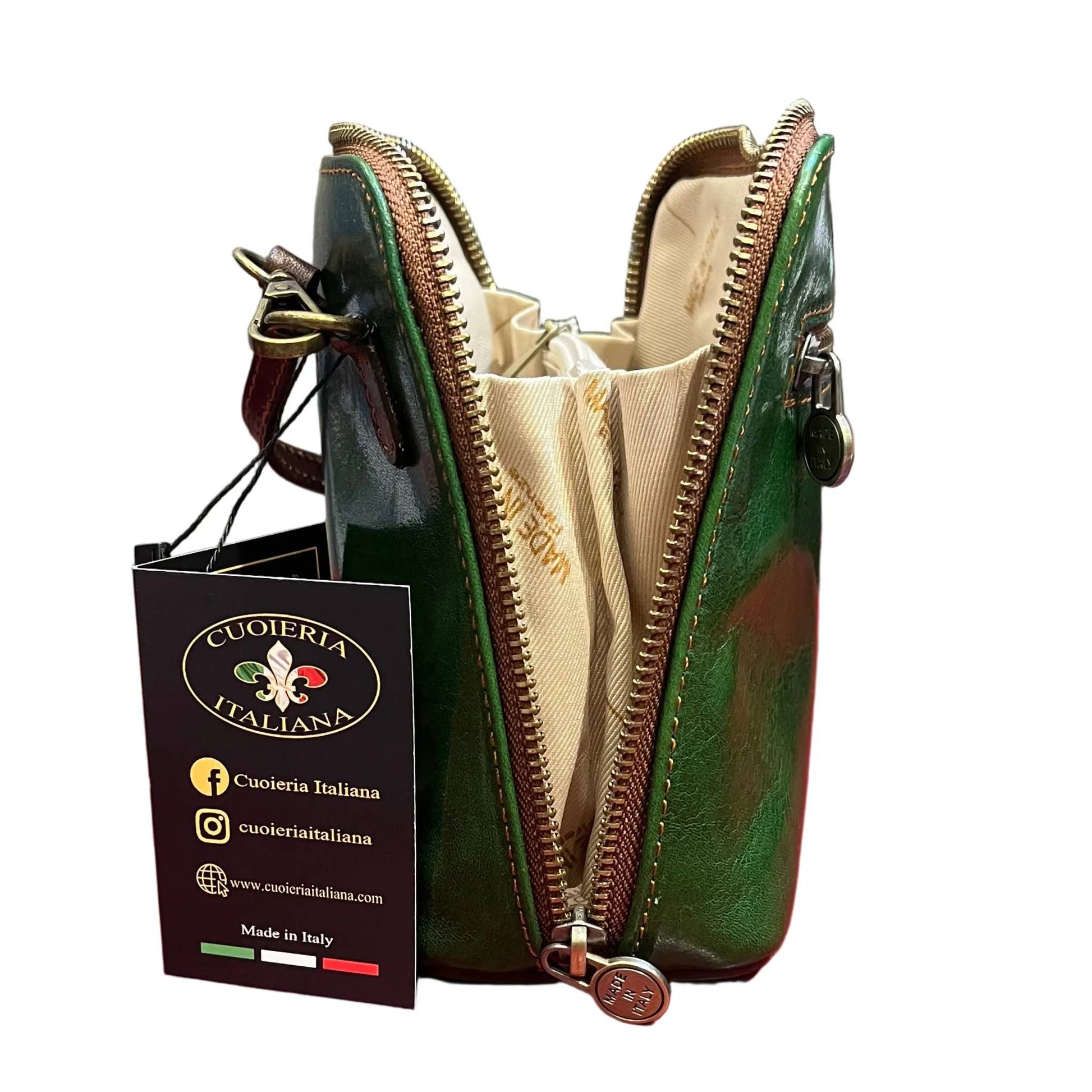 profilo lato larghezza aperto ampiezza apertura ambrosia borsa a tracolla in pelle verde e marrone da donna fatta a mano in cuoio made in italy cuoieria italiana