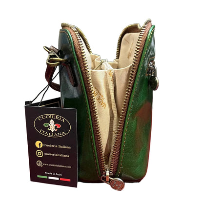 profilo lato larghezza aperto ampiezza apertura ambrosia borsa a tracolla in pelle verde e marrone da donna fatta a mano in cuoio made in italy cuoieria italiana