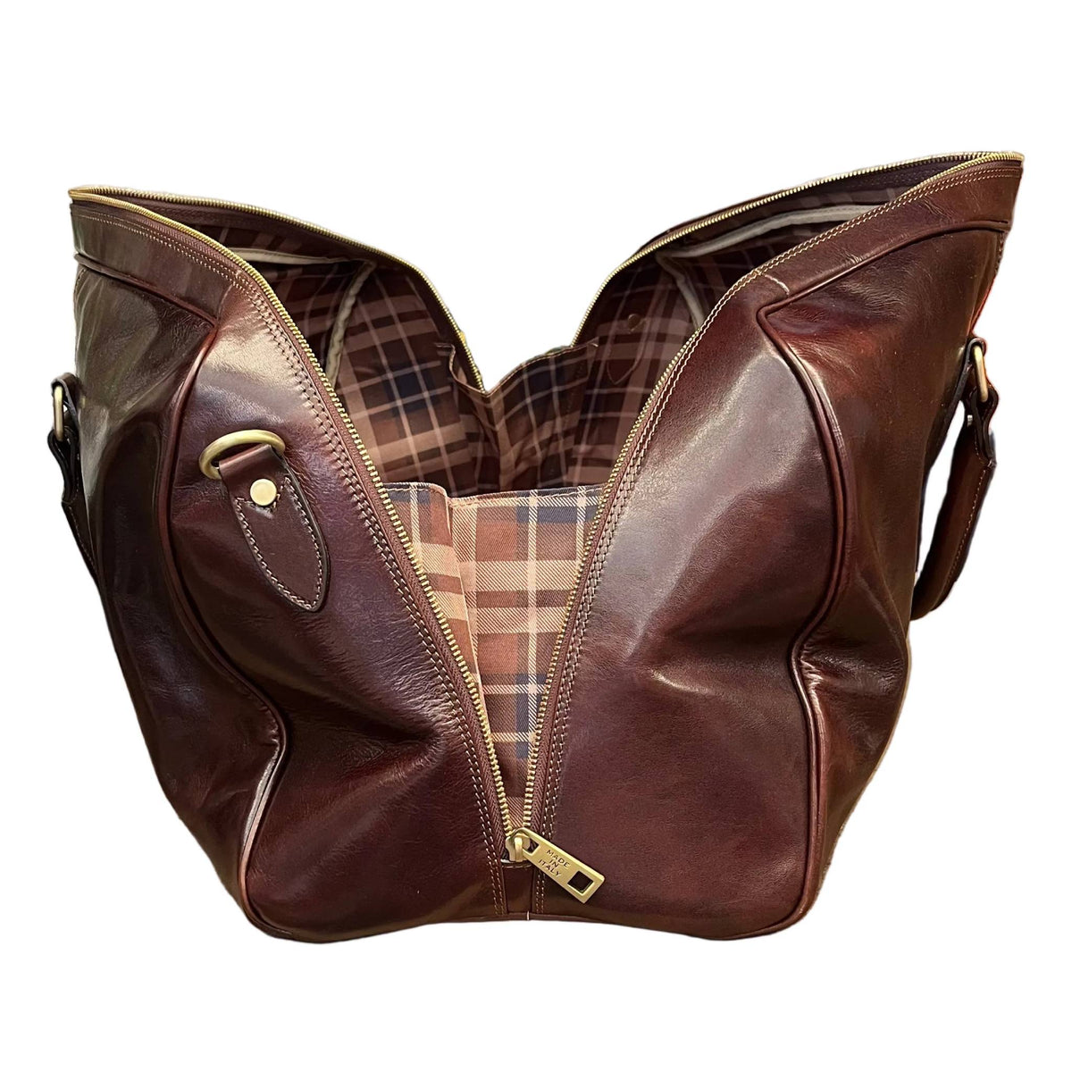 profilo lato larghezza aperto borsone in pelle marrone testa di moro bagaglio a mano in cuoio fatto a mano made in italy cuoieria italiana ®