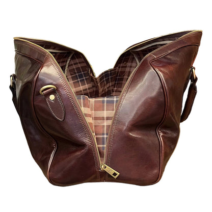 profilo lato larghezza aperto borsone in pelle marrone testa di moro bagaglio a mano in cuoio fatto a mano made in italy cuoieria italiana ®