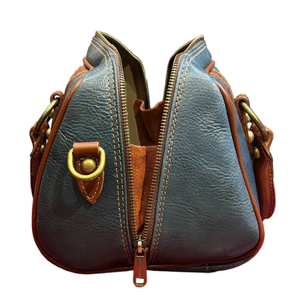 profilo lato larghezza aperto nettuno borsa a bauletto in pelle avio e marrone da donna borsa fatta a mano in cuoio made in italy cuoieria italiana