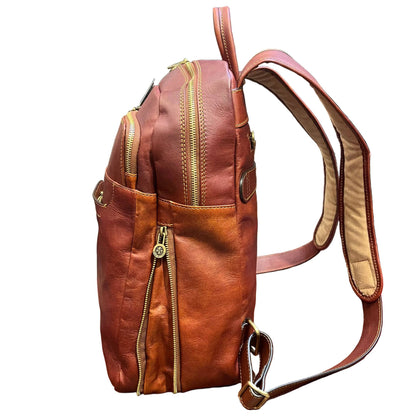 profilo lato larghezza aperto sagittarius zaino grande espandibile in pelle marrone mogano borsa in cuoio fatta a mano made in italy cuoieria italiana®