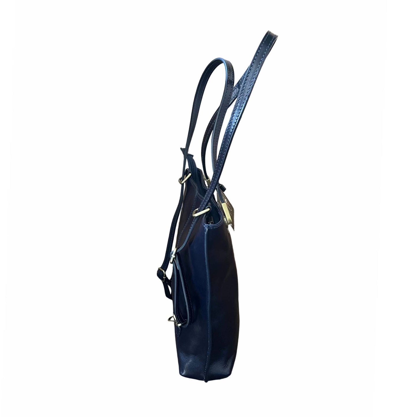 profilo lato larghezza borsa zaino squadrata in pelle blue navy cuoio made in italy cuoieria italiana