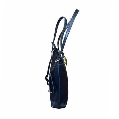 profilo lato larghezza borsa zaino squadrata in pelle blue navy cuoio made in italy cuoieria italiana