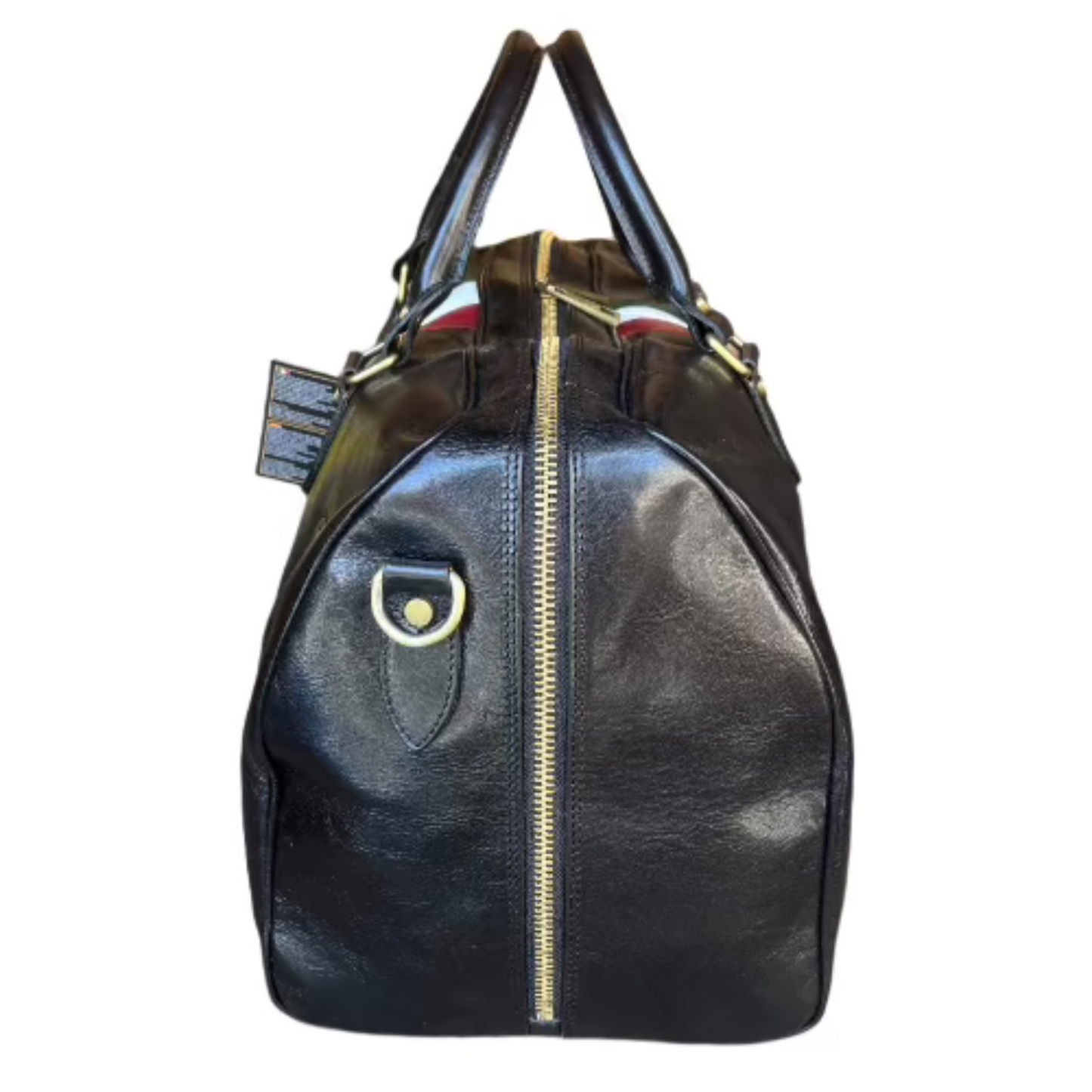 profilo lato larrghezza borsone da viaggio in pelle nera con tricolore bagaglio a mano artigianale made in italy cuoieria italiana