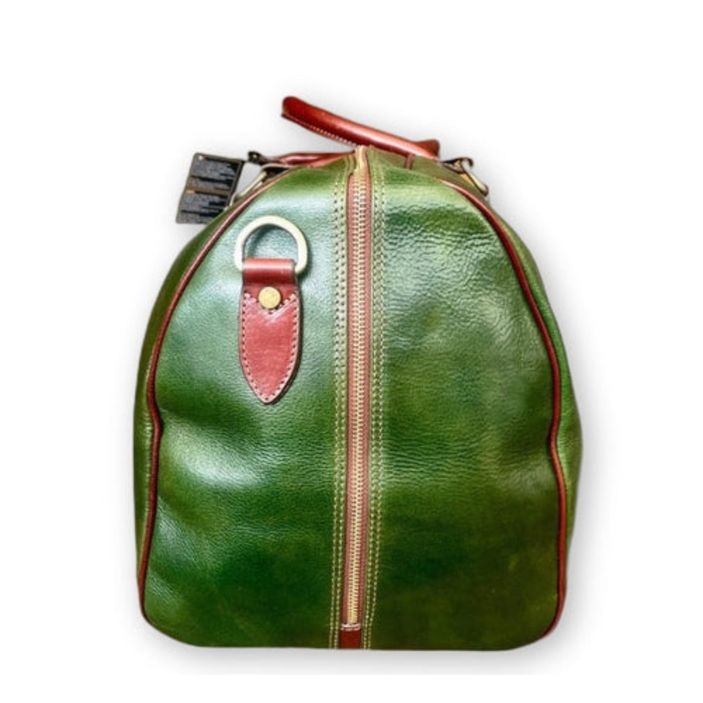profilo lato larghezza borsone da viaggio in pelle verde borsa in cuoio da bagaglio a mano made in italy cuoieria italiana