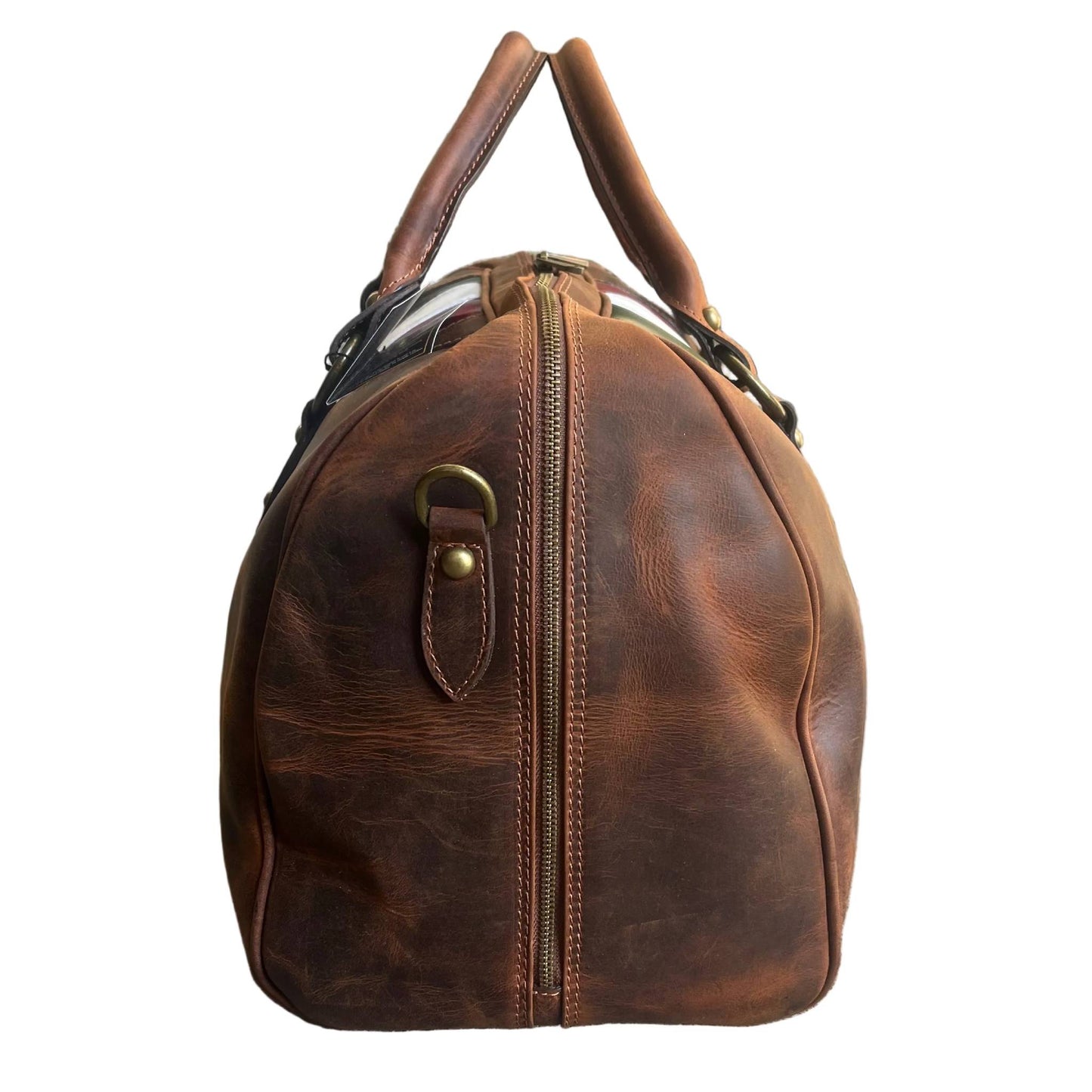 profilo lato larghezza borsone in cuoio invecchiato vintage bagaglio a mano in pelle artigianale made in italy cuoieria italiana