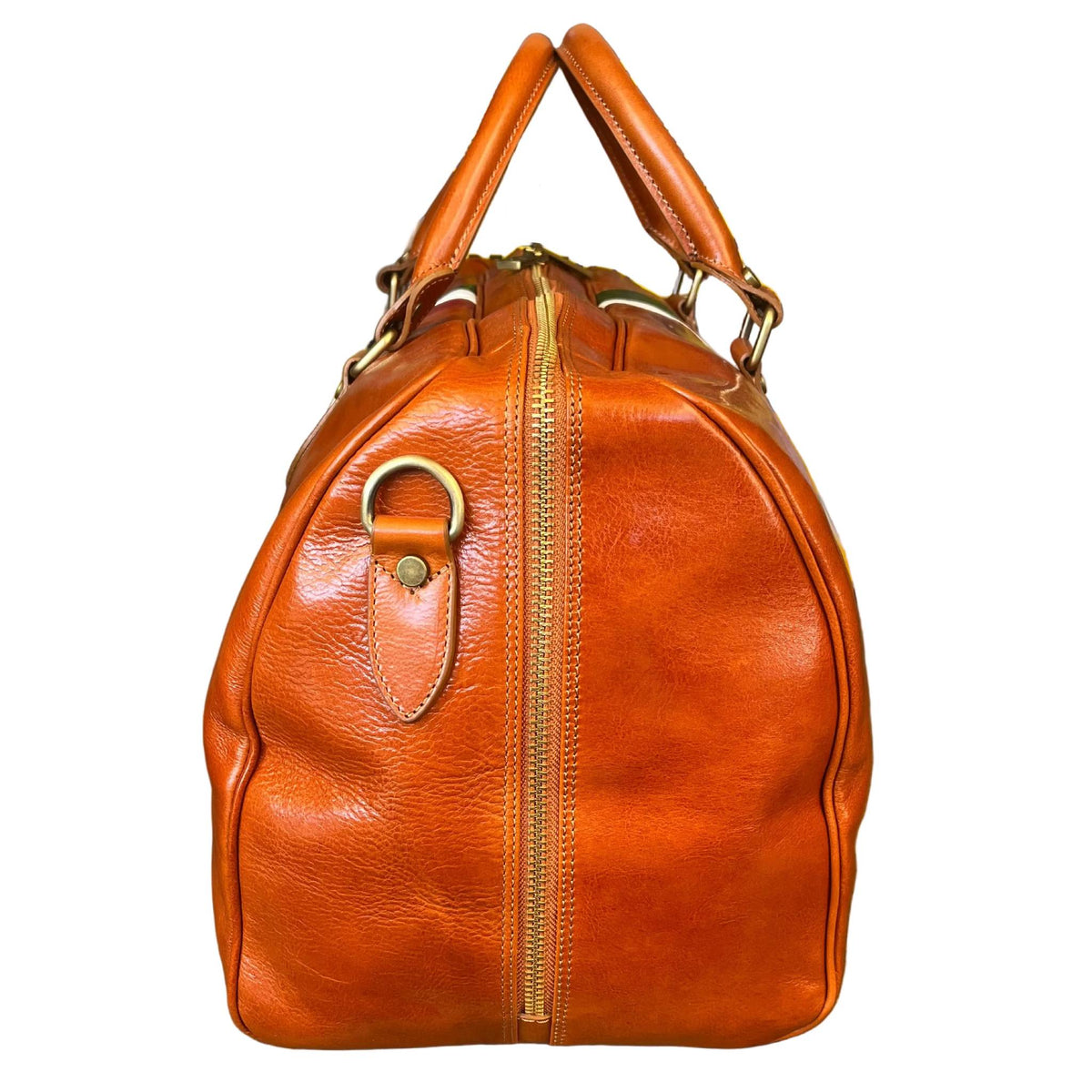 profilo lato larghezza borsone in pelle tinta cuoio naturale con tricolore bagaglio a mano in cuoio fatto a mano made in italy cuoieria italiana ®