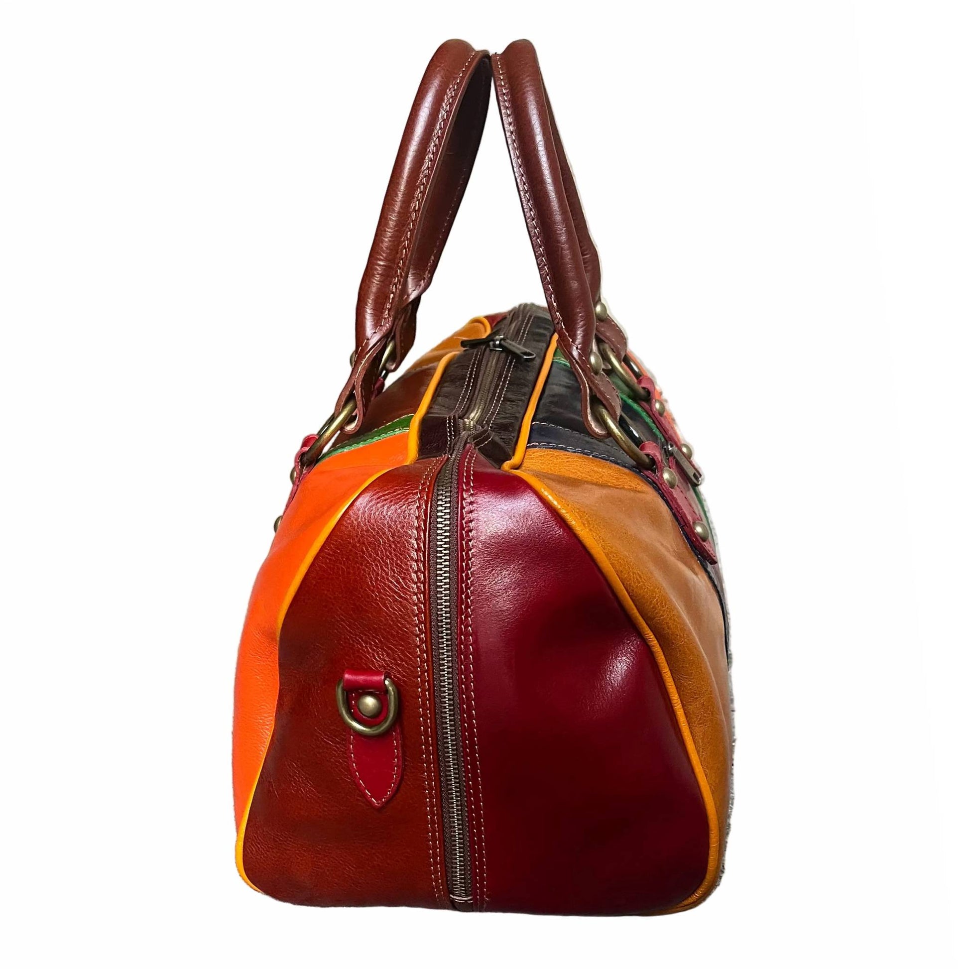 profilo lato larghezza borsone piccolo in pelle multicolor bagaglio a mano artigianale made in italy cuoieria italiana