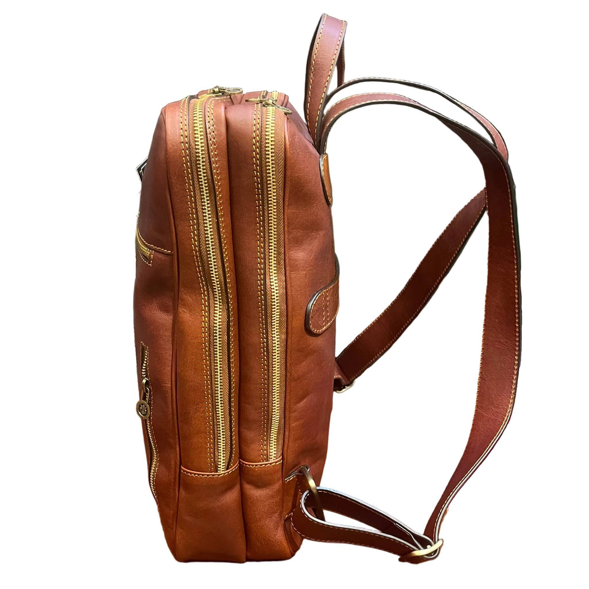 profilo lato larghezza deimos zaino porta pc in pelle marrone mogano zaino compatto fatto a mano in cuoio made in italy cuoieria italiana®
