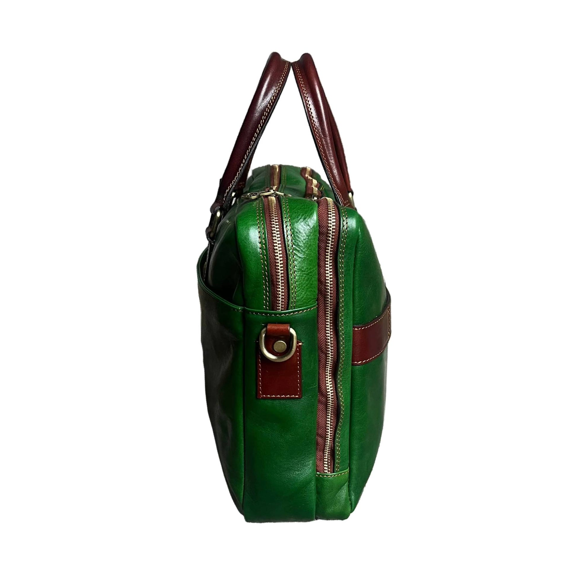 profilo lato larghezza fenix cartella in pelle verde e marrone borsa porta computer a doppio scomparto made in Italy cuoieria italiana
