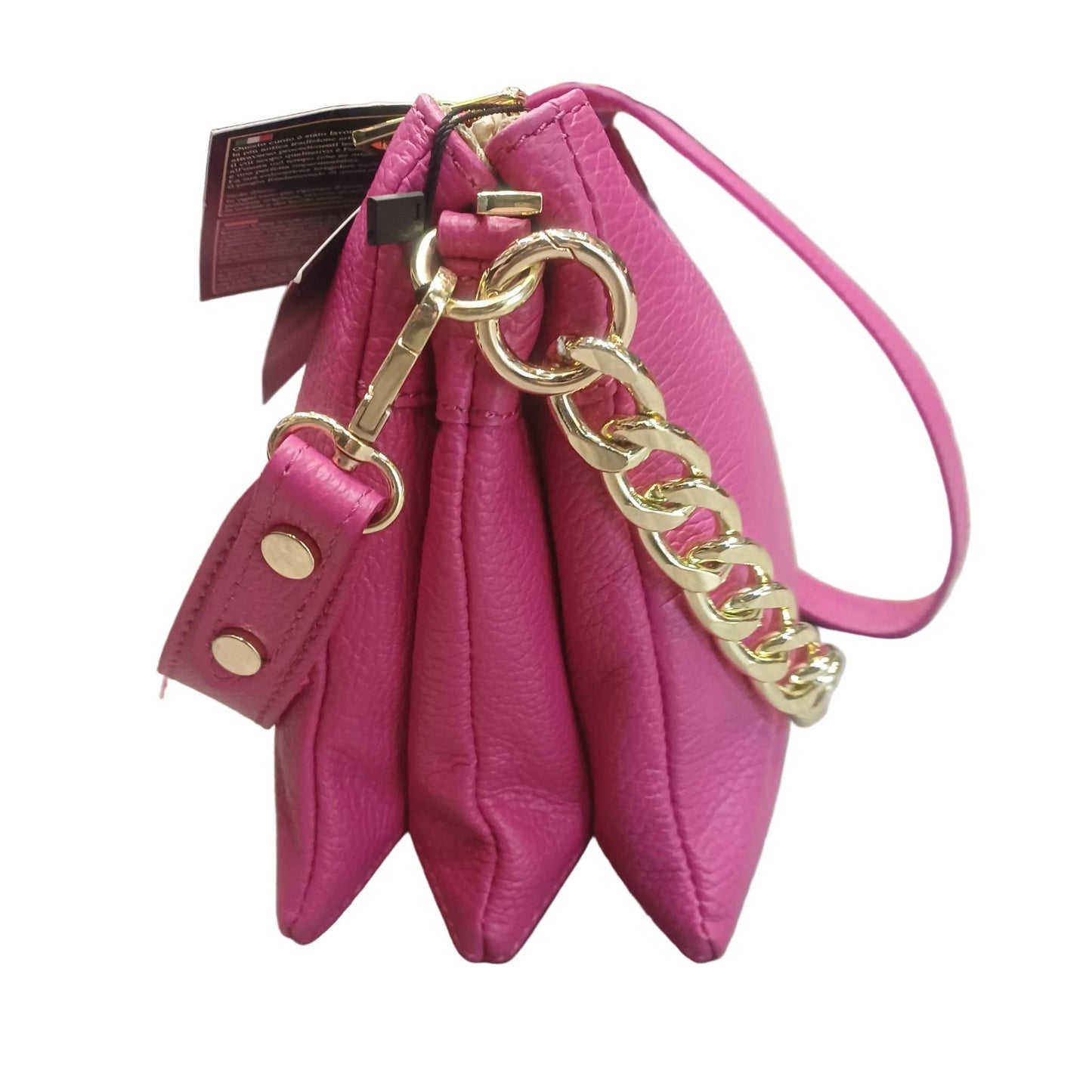profilo lato larghezza gemini piccola borsa a tracolla in pelle fucsia da donna artigianale made in italy cuoieria italiana