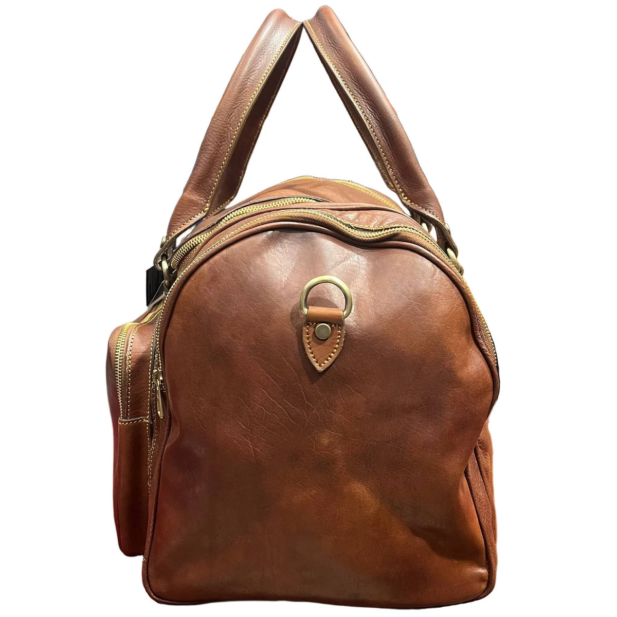 profilo lato larghezza gimnasio bagaglio a mano sportivo in cuoio borsa da viaggio borsone fatto a mano in pelle marrone classico made in italy cuoieria italiana®
