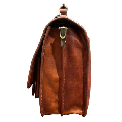profilo lato larghezza hydra cartella 2 in 1 in cuoio marrone mogano borsa zaino da lavoro a tracolla fatta a mano in pelle made in italy cuoieria italiana®