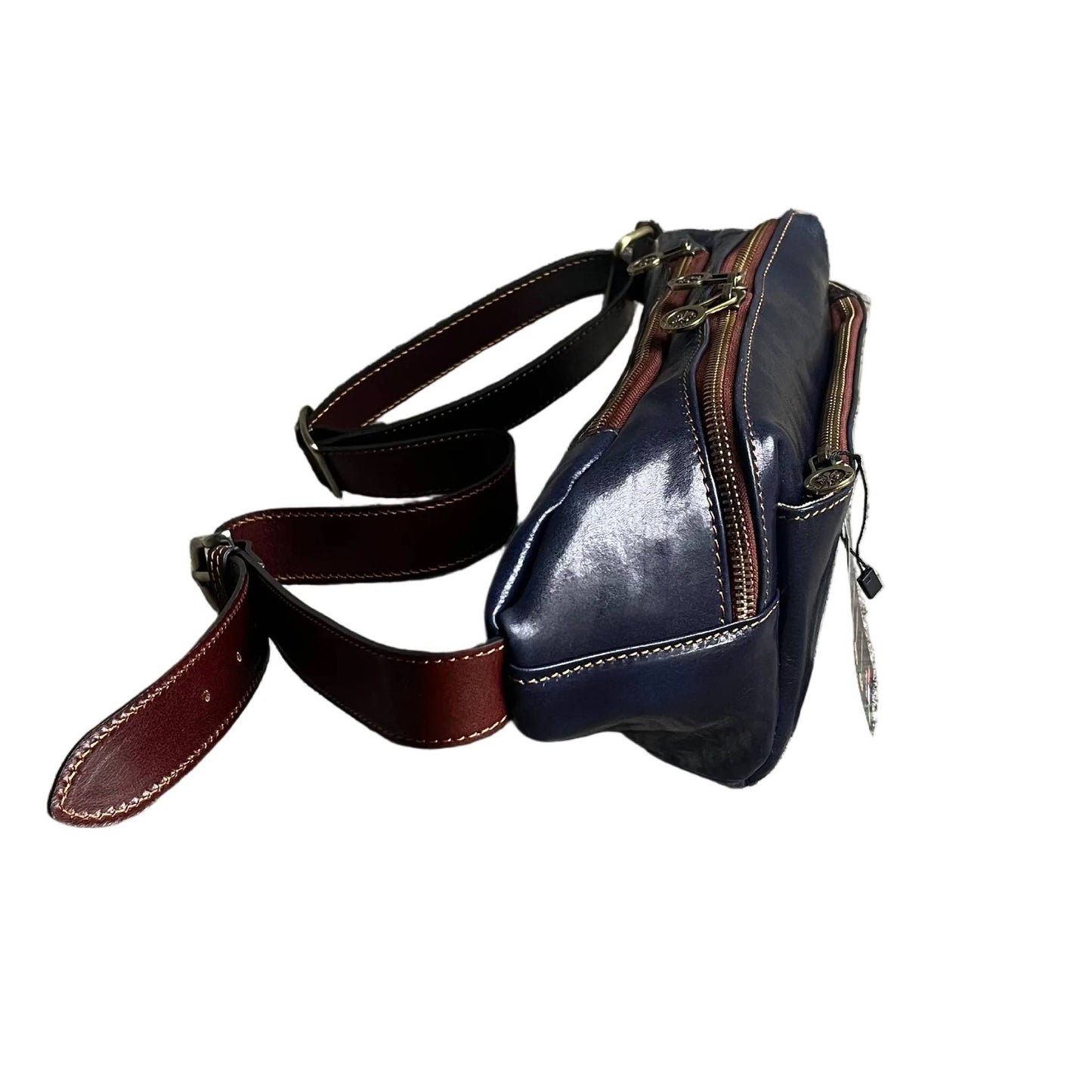 profilo lato larghezza jupiter marsupio in pelle blue navy e marrone accessorio artigianale unisex in cuoio made in italy cuoieria italiana