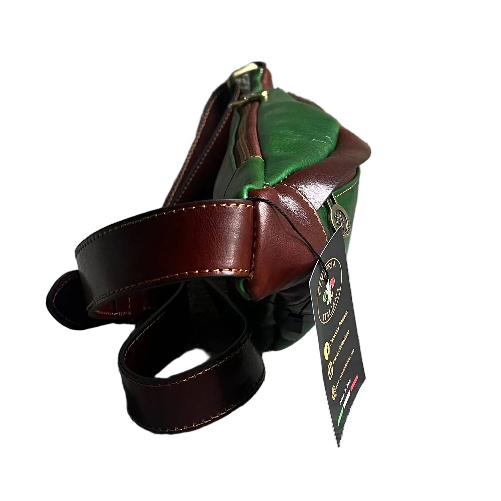 profilo lato larghezza mars marsupio in pelle verde e marrone accessorio artigianale unisex in cuoio made in italy cuoieria italiana