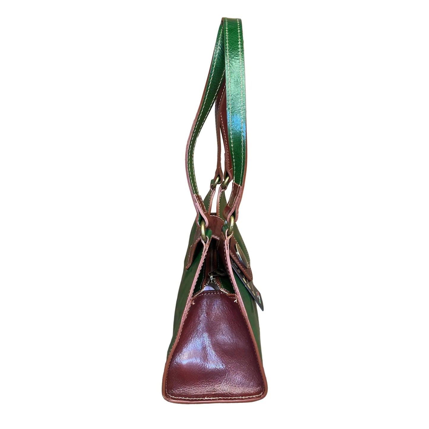 profilo lato larghezza mercury borsa verde e marrone a spalla in pelle da donna artigianale made in italy cuoieria italiana